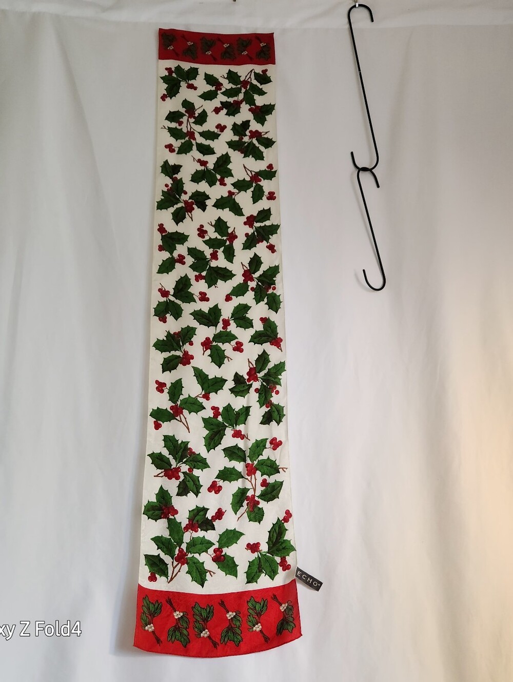 Echo Cream Scarf with Green Holly and Red Berry Print SILK